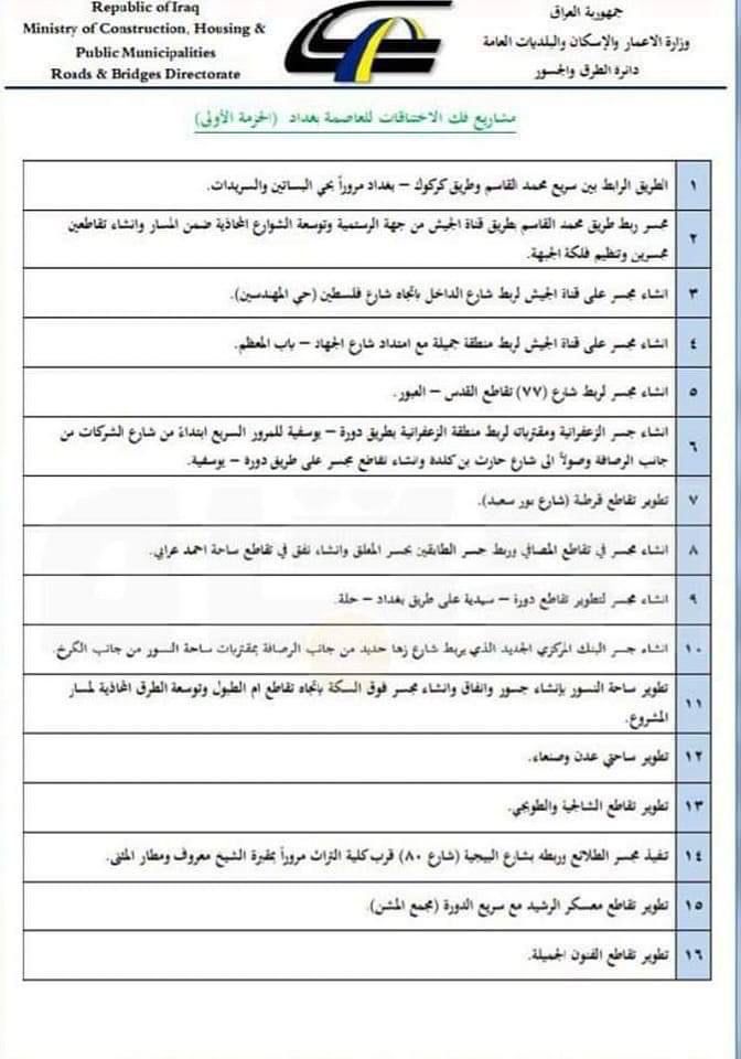 هي الأولى في بغداد.. رئيس الوزراء يُطلق مشاريع فك الاختناقات المرورية (جدول)