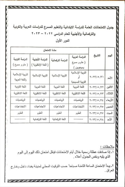  وزارة التربية تعلن جدول امتحانات السادس الإعدادي