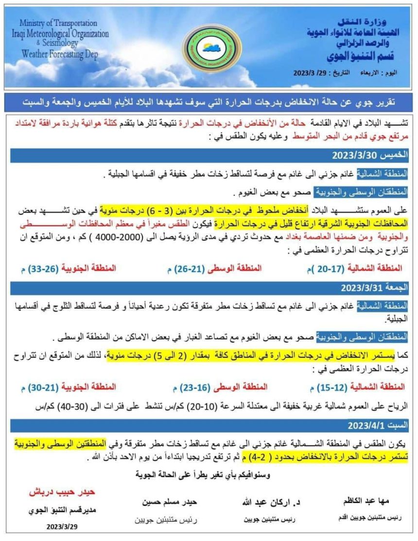 الأنواء: العراق سيتأثر بكتل هوائية باردة تؤدي لانخفاض في درجات الحرارة