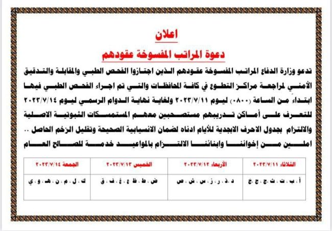 الدفاع توجه دعوة للمراتب المفسوخة عقودهم