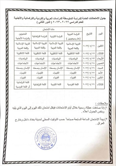 الرشيد تنشر جدولا امتحانات الدور الثاني للسادس الابتدائي والثالث المتوسط