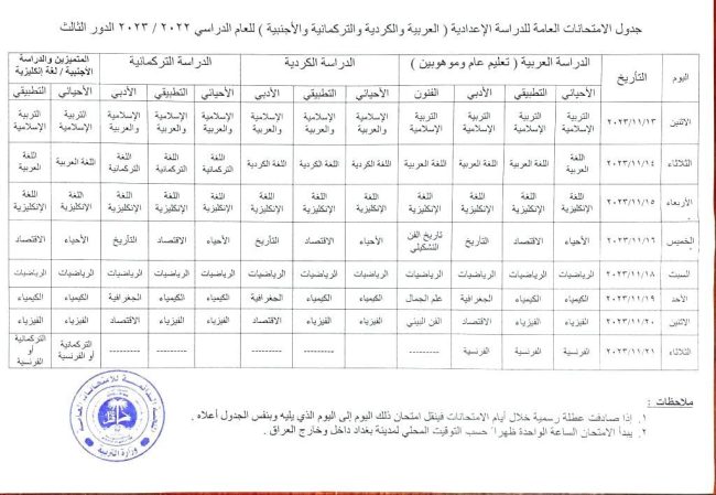 التربية تنشر جدول امتحانات الدور الثالث لمرحلة السادس الإعدادي