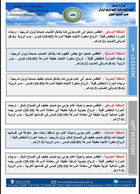 طقس العراق.. ضباب وغيوم وانخفاض بدرجات الحرارة خلال الأيام المقبلة