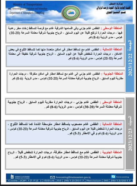 طقس العراق.. تساقط أمطار وثلوج وانخفاض بدرجات الحرارة خلال الأيام المقبلة