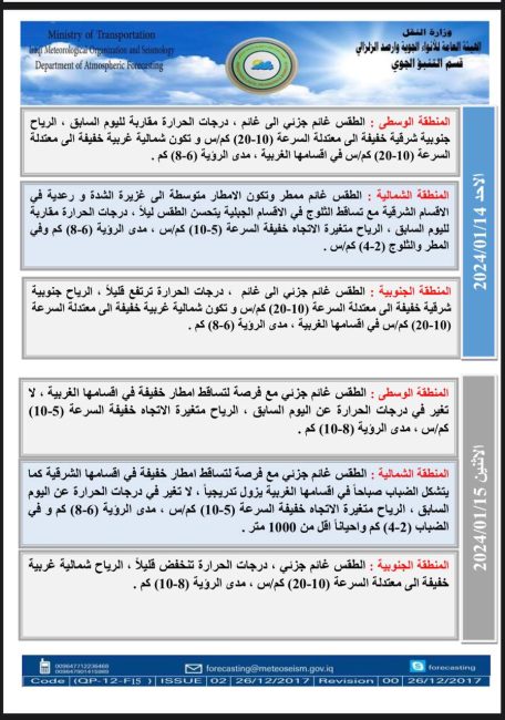 طقس العراق.. أمطار متفرقة وانخفاض بدرجات الحرارة خلال الأيام المقبلة