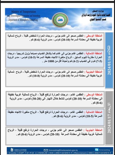 طقس العراق.. أمطار متفرقة وانخفاض بدرجات الحرارة خلال الأيام المقبلة