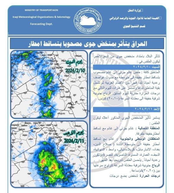 الأنواء الجوية: ‏العراق يتأثر بمنخفض جوي مصحوباً بتساقط أمطار 