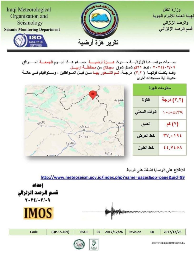 الرصد الزلزالي: تسجيل حدوث هزة أرضية في محافظة أربيل