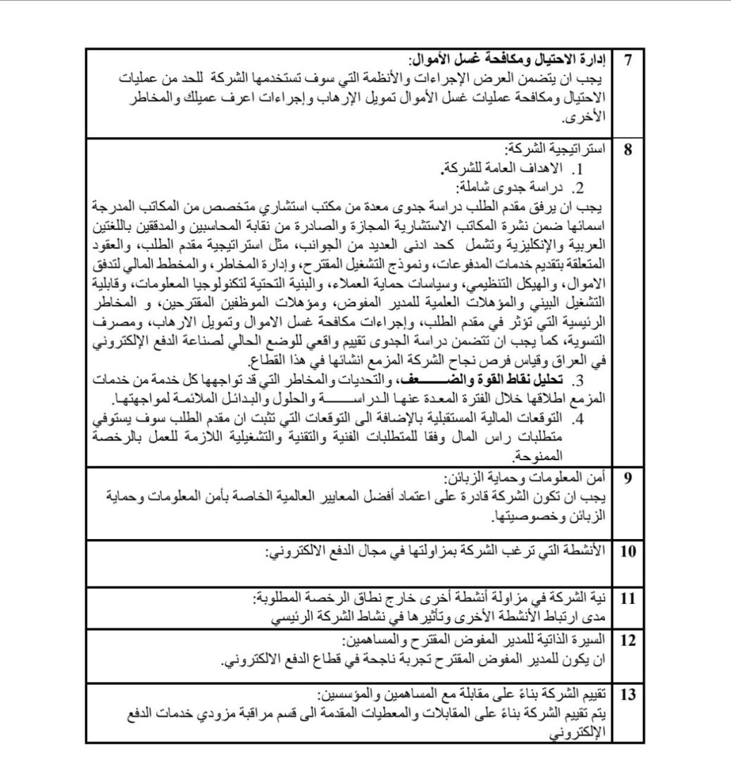 البنك المركزي العراقي يعلن آلية منح طلبات ترخيص لشركات الدفع الإلكتروني