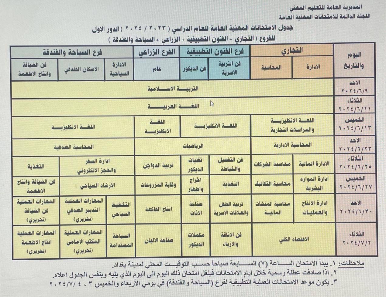 التربية تنشر جدول الامتحانات المهنية العامة