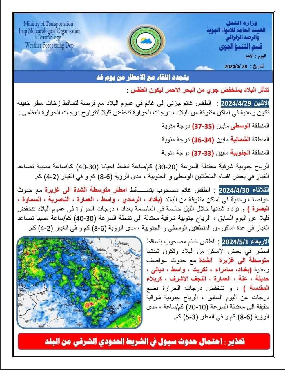 امطار وعواصف رعدية خلال الاسبوع الحالي.. الانواء الجوية تنشر توقعات طقس العراق