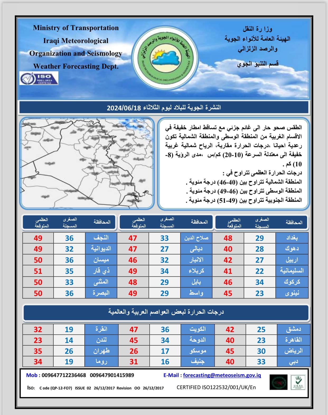 ‏طقس العراق..  محافظات تسجل نصف درجة الغليان واخرى تنتظر هطول أمطار خلال الايام المقبلة