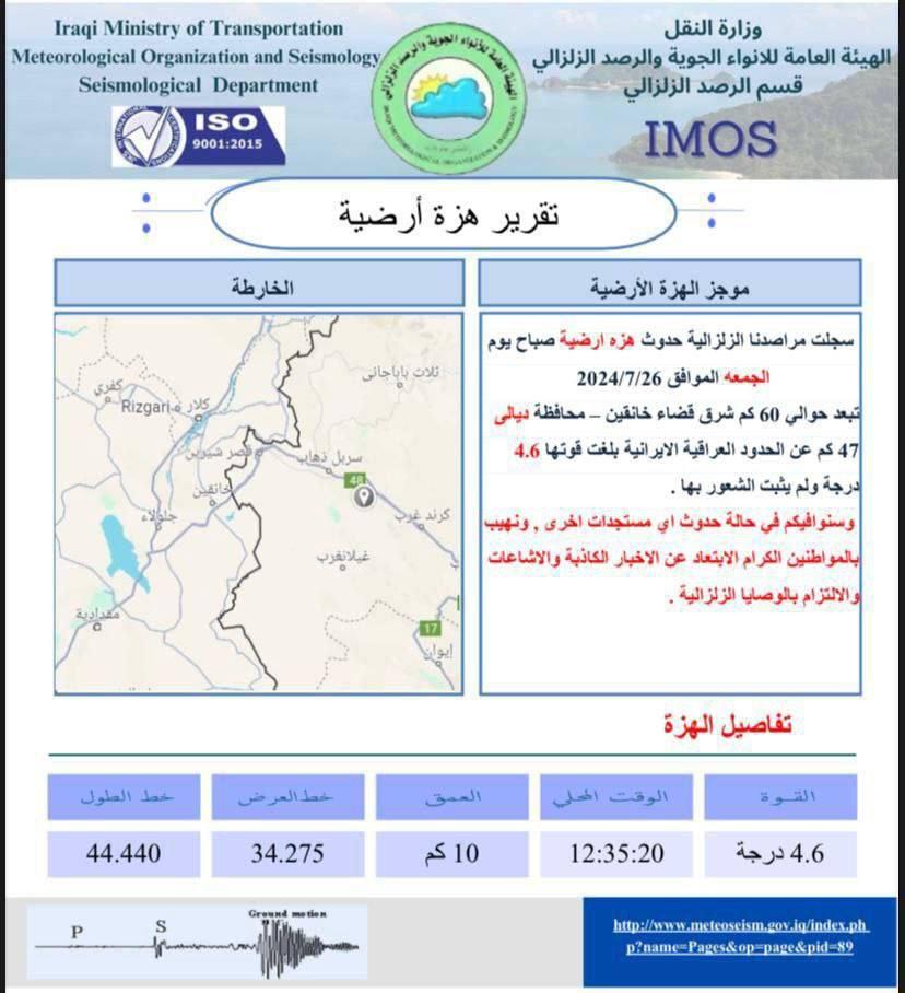 تسجيل حدوث هزة أرضية بقوة 4.6 درجات في ديالى