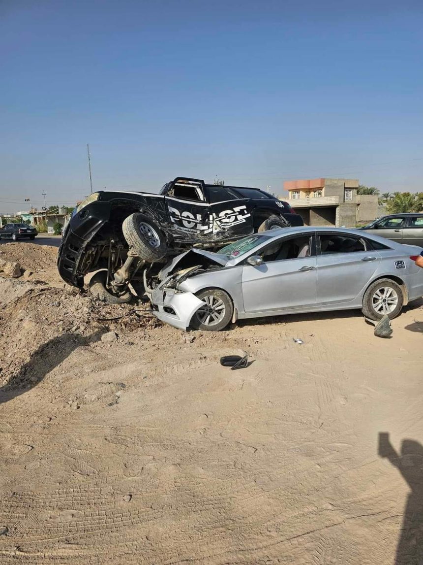 بالصور.. إصابات نتيجة اصطدام سيارة مدنية بدورية نجدة شمالي ديالى