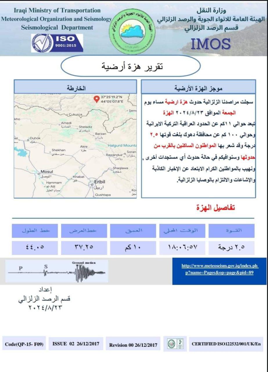 النقل تعلن تسجيل هزة أرضية قرب الحدود العراقية التركية الإيرانية