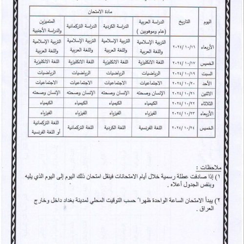 التربية تعلن جدول امتحانات الدور الثالث لطلبة الثالث المتوسط والسادس الاعدادي