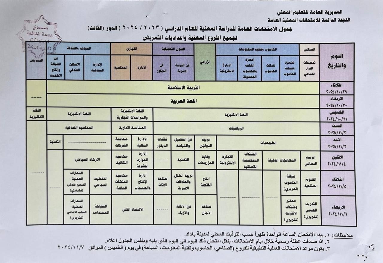 وزارة التربية تعلن جدول الامتحانات المهنية العامة للدور الثالث