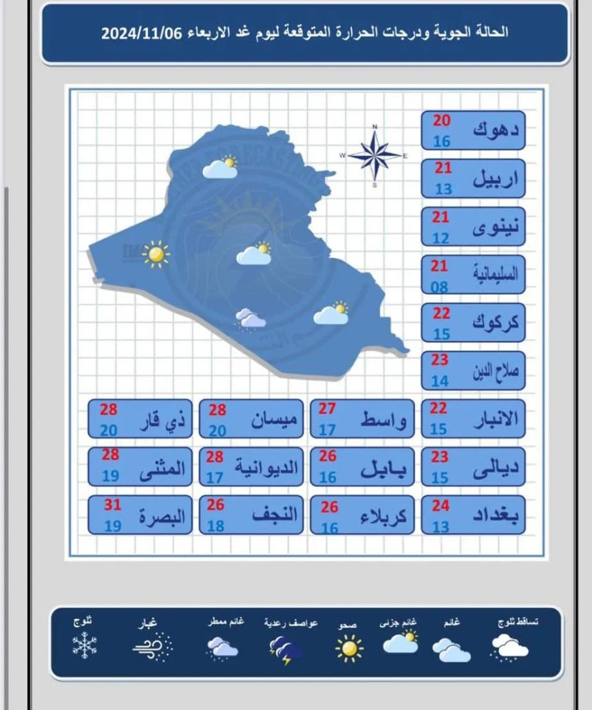 ‏طقس العراق.. أمطار متفرقة وانخفاض في درجات الحرارة‬ خلال الأيام المقبلة