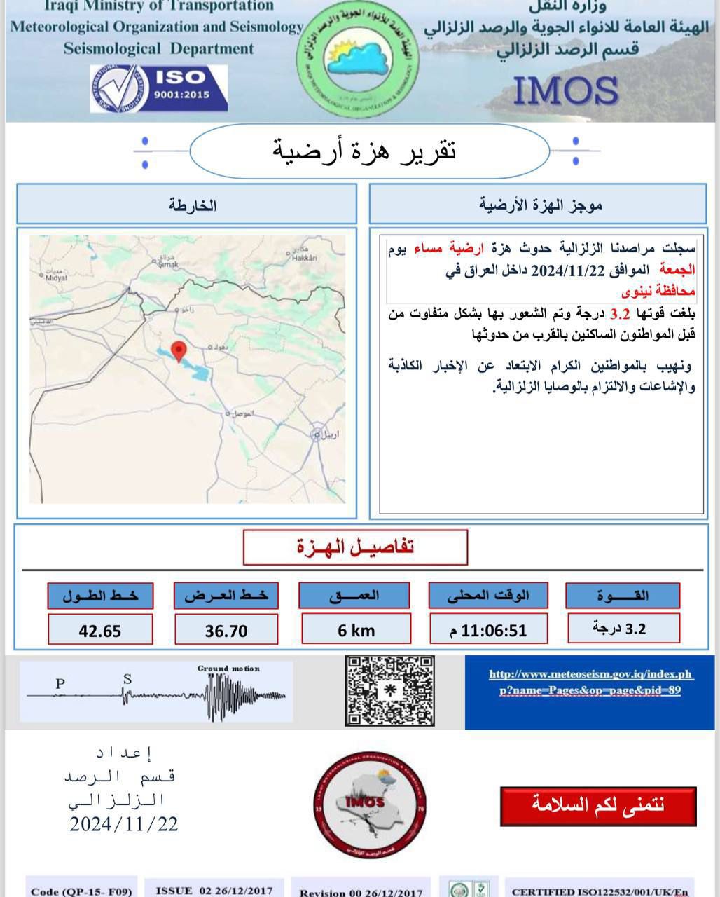 هزة أرضية بقوة 3.2 درجة تضرب محافظة نينوى