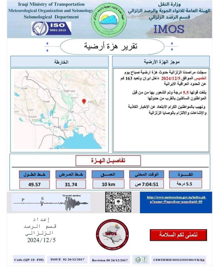 الرصد الزلزالي: الهزة الأرضية التي ضربت غرب إيران شعر بها سكان ميسان والبصرة