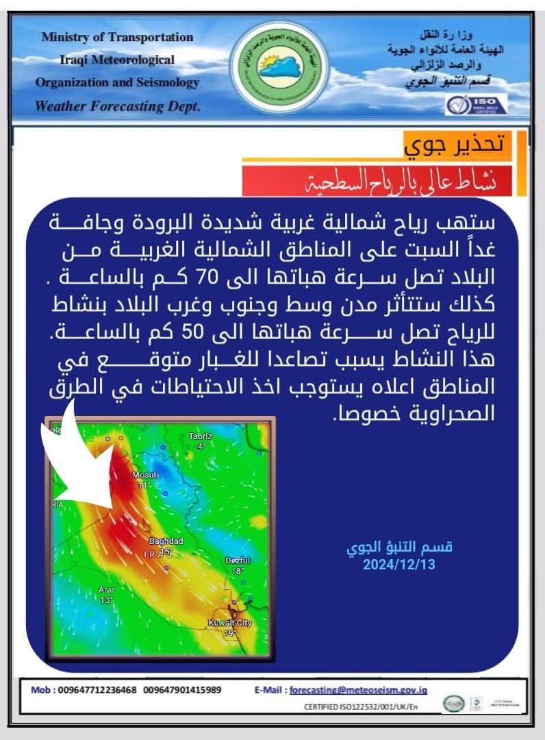 الأنواء الجوية تحذّر من نشاط عالٍ للرياح يوم غد السبت