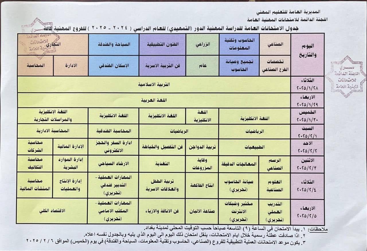 التربية تنشر جدول الامتحانات التمهيدية/ الخارجي لجميع الاختصاصات المشمولة بالتعليم المهني