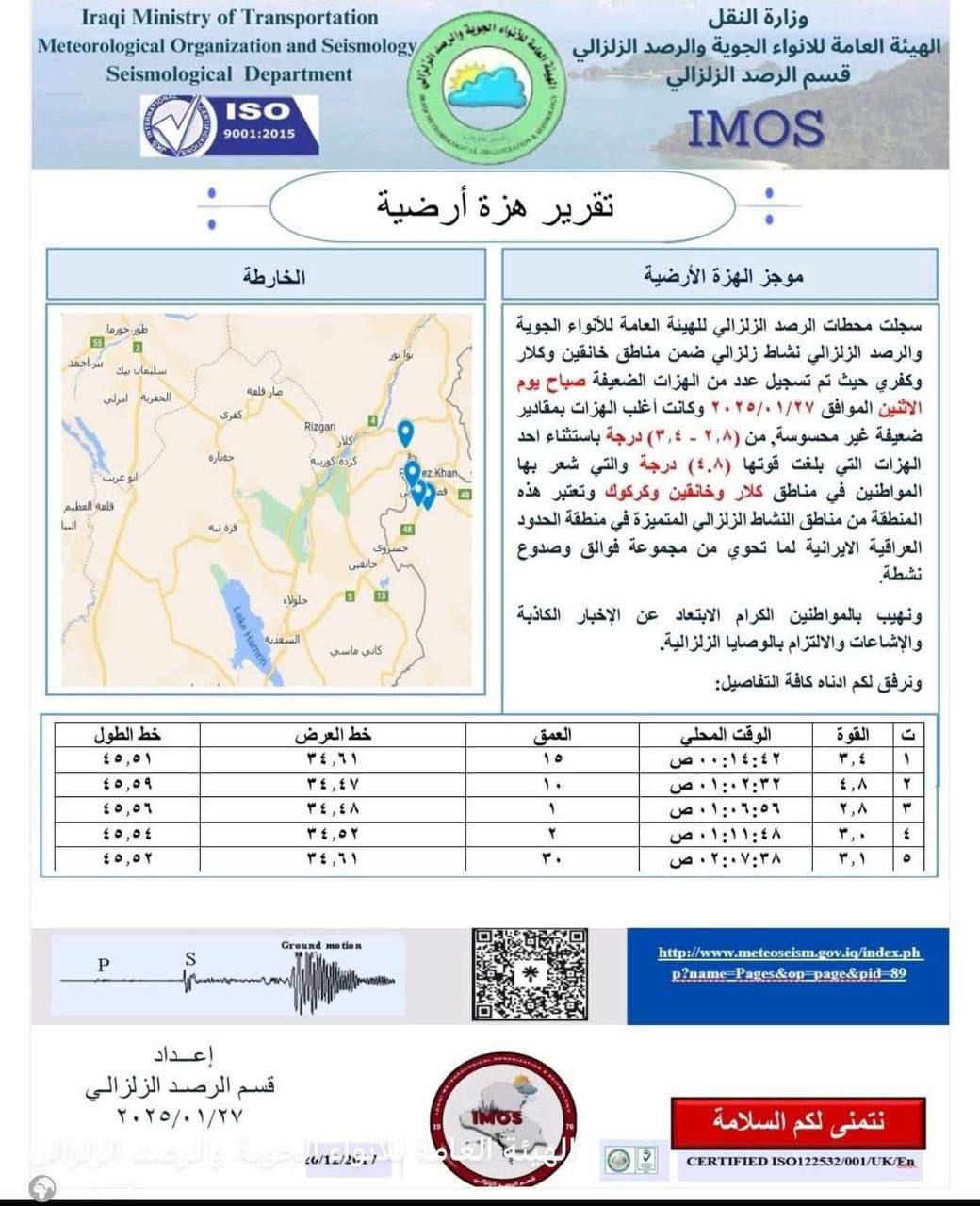 الأنواء الجوية تصدر تقريراً عن النشاط الزلزالي في منطقتي خانقين وكلار