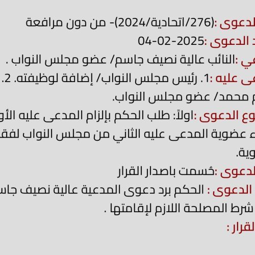 المحكمة الاتحادية ترد دعوى النائب عالية نصيف بشأن طلبها بطلان عضوية النائب حسن الخفاجي