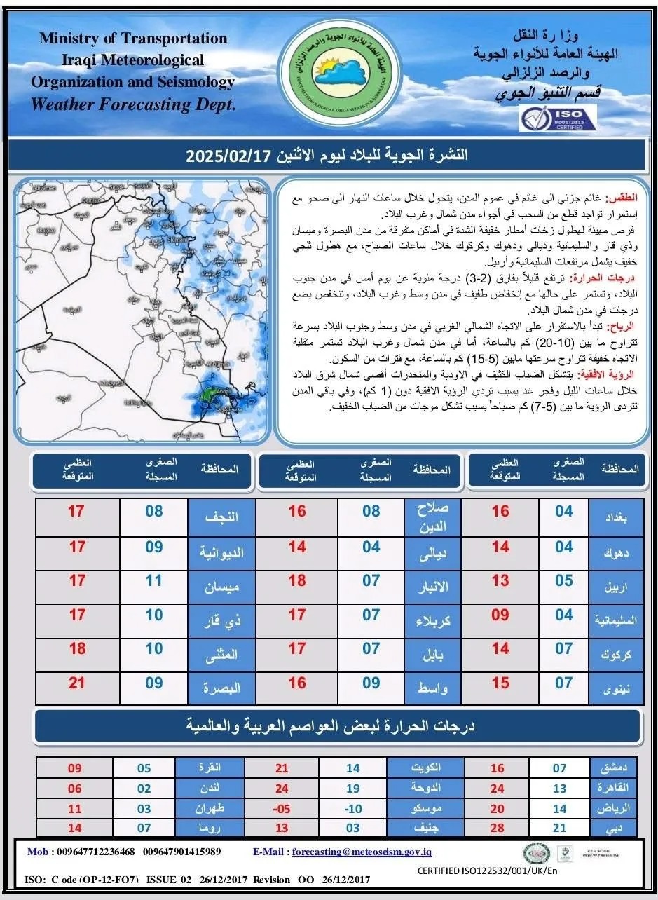 طقس العراق.. أمطار متفرقة وانخفاض بدرجات الحرارة خلال الأيام المقبلة