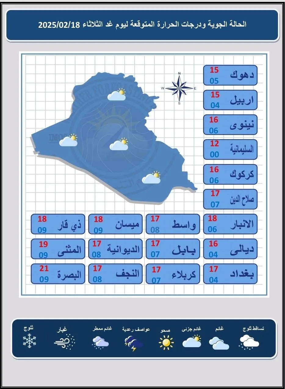 طقس العراق.. أمطار متفرقة وانخفاض بدرجات الحرارة خلال الأيام المقبلة