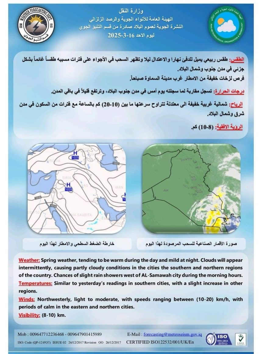 طقس العراق.. انخفاض درجات الحرارة وفرصة لهطول أمطار خلال الأيام المقبلة