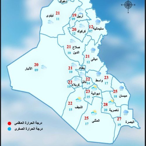 طقس العراق… غائم وانخفاض بدرجات الحرارة خلال الأيام المقبلة