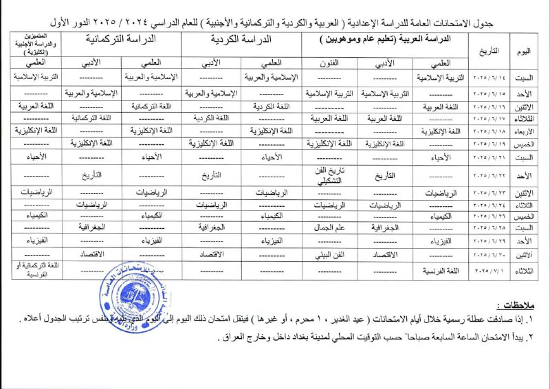 التربية تنشر جدول الامتحانات الوزارية الدور الاول لمرحلة السادس الاعدادي