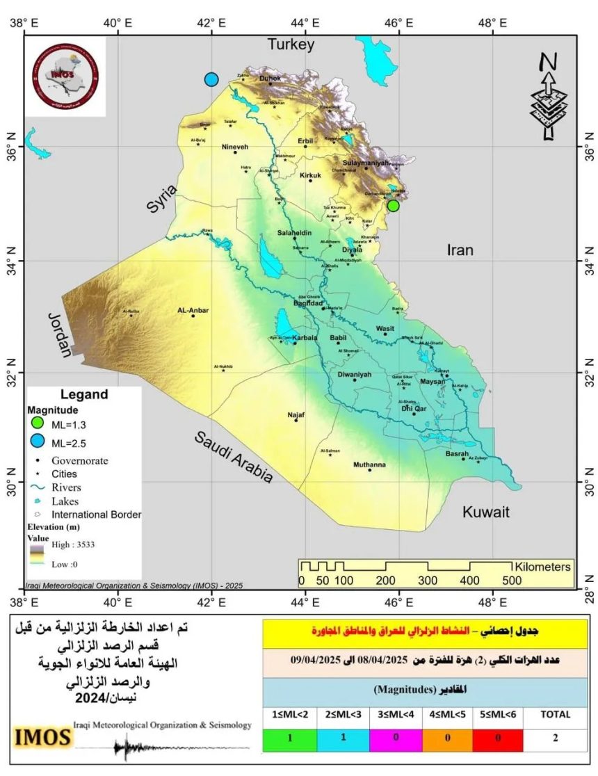 العراق يسجل هزتين أرضيتين عند حدوده مع إيران وتركيا